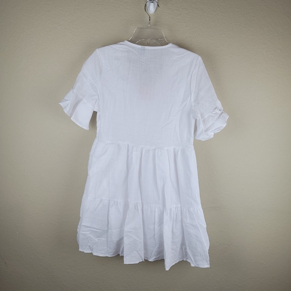 Fancyinn Dress Womens XS White V-Neck Ruffle Pockets Bell Sleeve Tiered Mini NWT - Picture 14 of 16